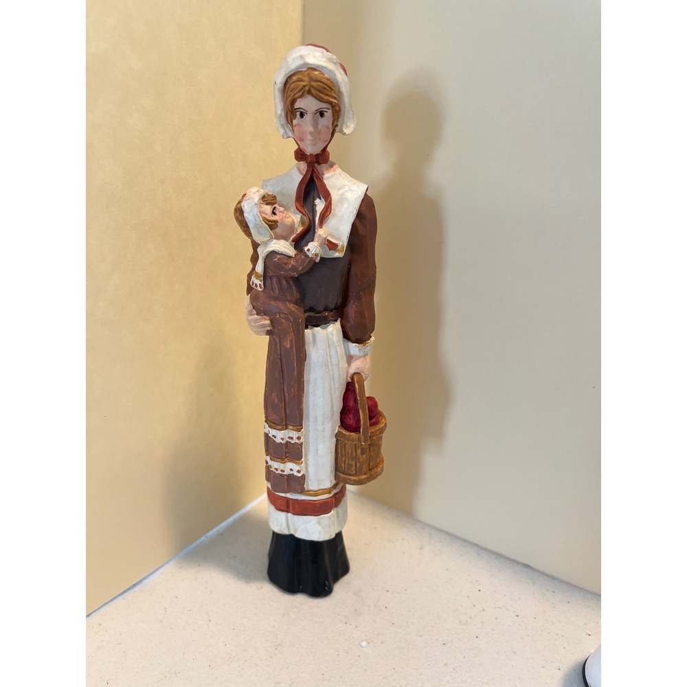 Vintage Pilgrim Woman Figurine Thanksgiving Harvest Decor Mother and Child 8.5"